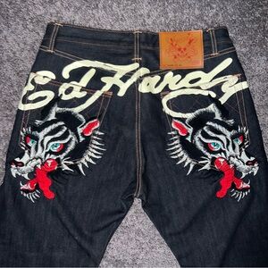 RARE 2009 Ed Hardy Wolf Embroidered Black Y2K Baggy Denim Jeans Size 34x34